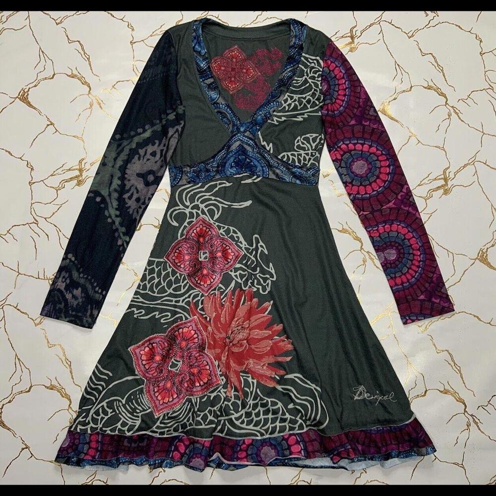 Desigual Women’s Multicolour Floral Stretch Dress Size Small V Neck